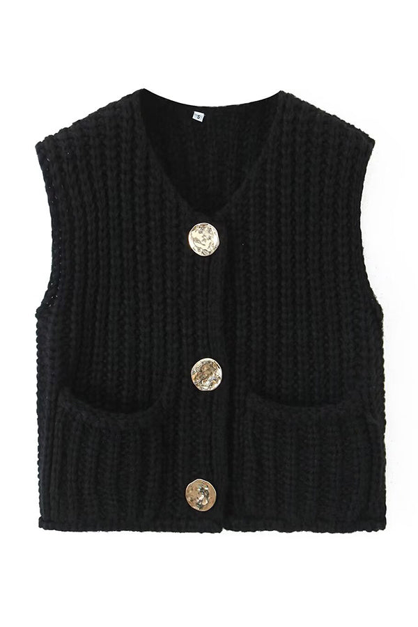 Solid Color Sleeveless Pocket Knitted Vest