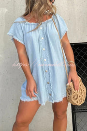 Fashionable Off Shoulder Short-sleeved Loose Denim Mini Dress