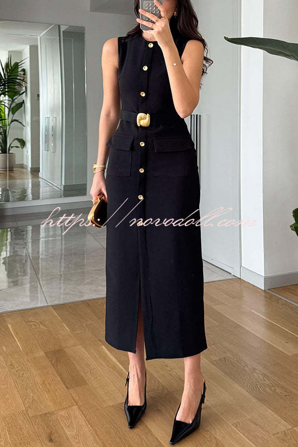 Danina Button Up Sleeveless Metal Belted Pocket Stretch Midi Dress