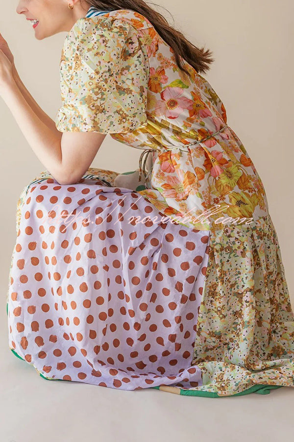 Linen Blend Unique Print Lapel Puff Sleeve Casual Midi Dress