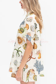 Beach Shell Print Short Sleeve Loose Shirt and Elastic Waist Tie Casual Pocket Shorts Set
