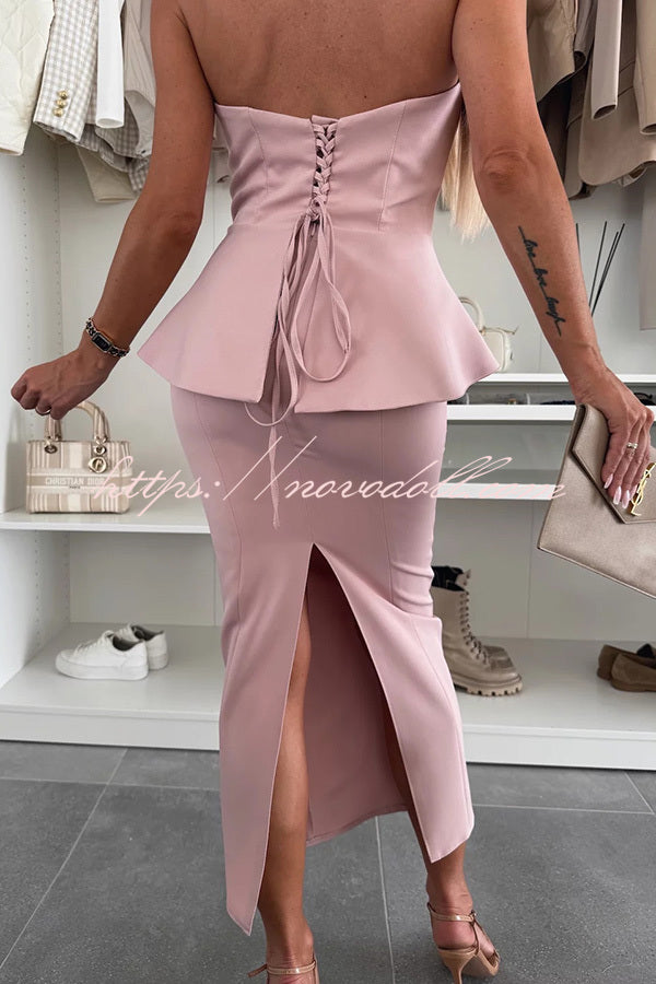 Sexy Tube Backless Lace-up Top and Slim Slit Midi Skirt Set