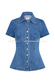 Modern Flavor Denim Short Sleeve Button Up Princess Seams Stretch Top