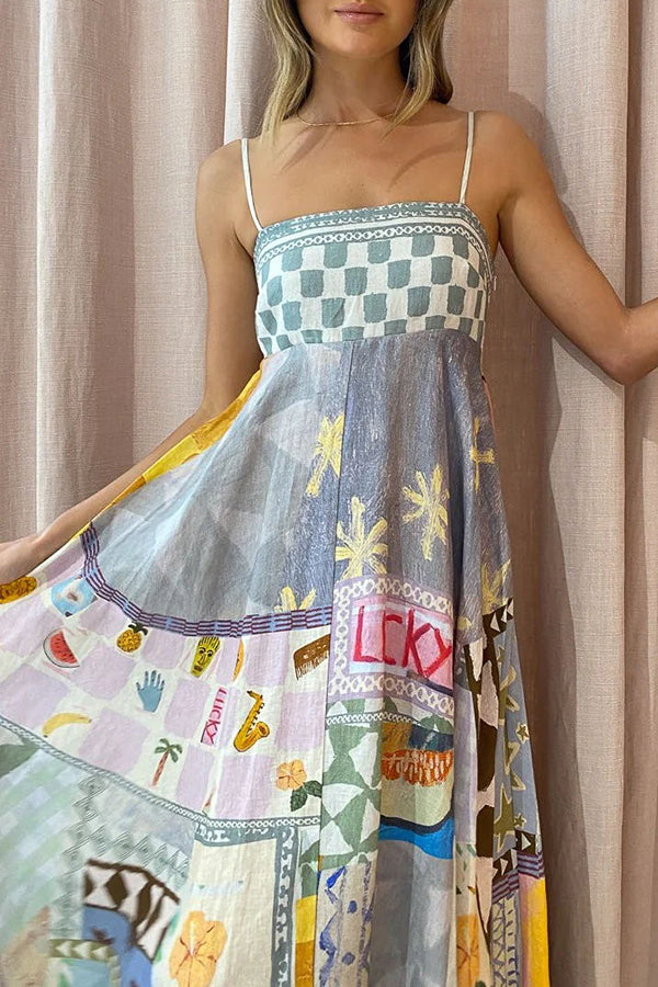 Wonderful Weekend Linen Blend Unique Print Smocked Back Pocketed Midi Dress