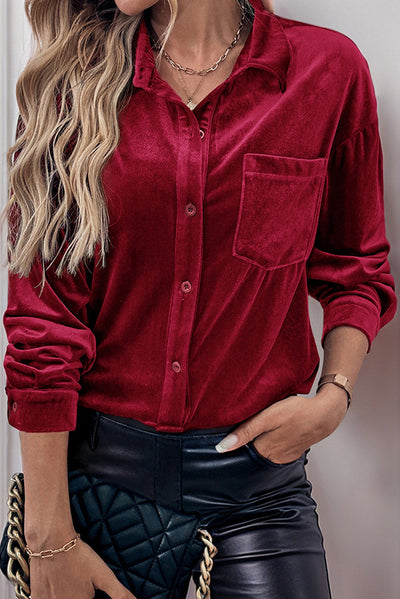 Solid Color Velvet Casual Lapel Pocket Loose Shirt