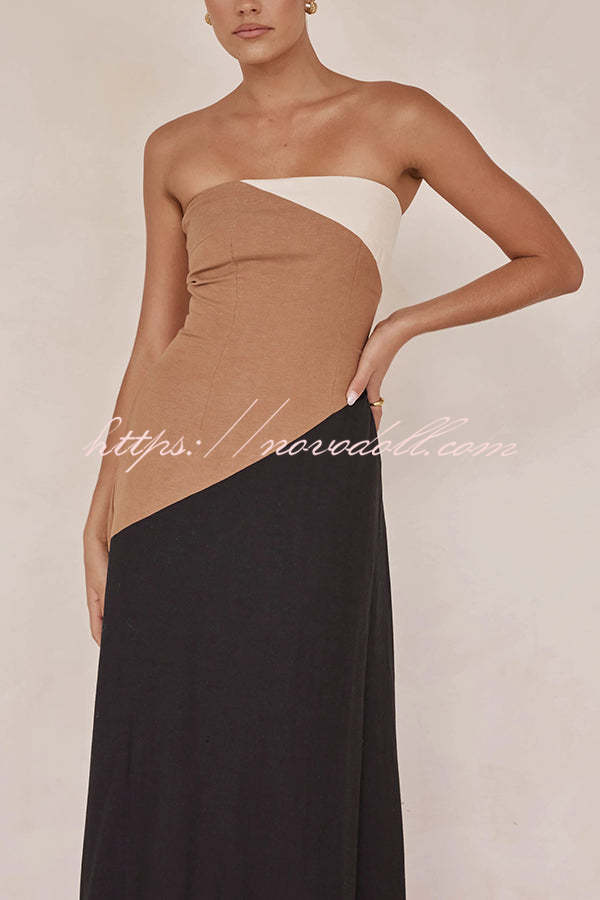 Calissa Asymmetrical Colour Block Strapless Pocketed A-line Maxi Dress