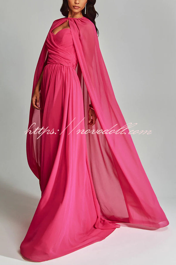 Romantic Party Chiffon Off Shoulder Sweetheart Neck Ruched Cape Maxi Dress