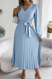 Solid Color Elegant V-neck Buttoned Lace-up Pleated Maxi Dress