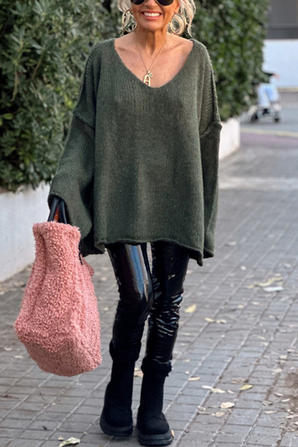 Fashionable Patchwork V-neck Long-sleeved Knitted Sweater