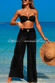 Solid Color Metal Button Decorated Stretch Two-piece Bikini Swimsuit