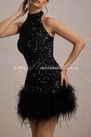 Dazzling and Playful Sequin High Neck Feather Trim Stretch Mini Dress