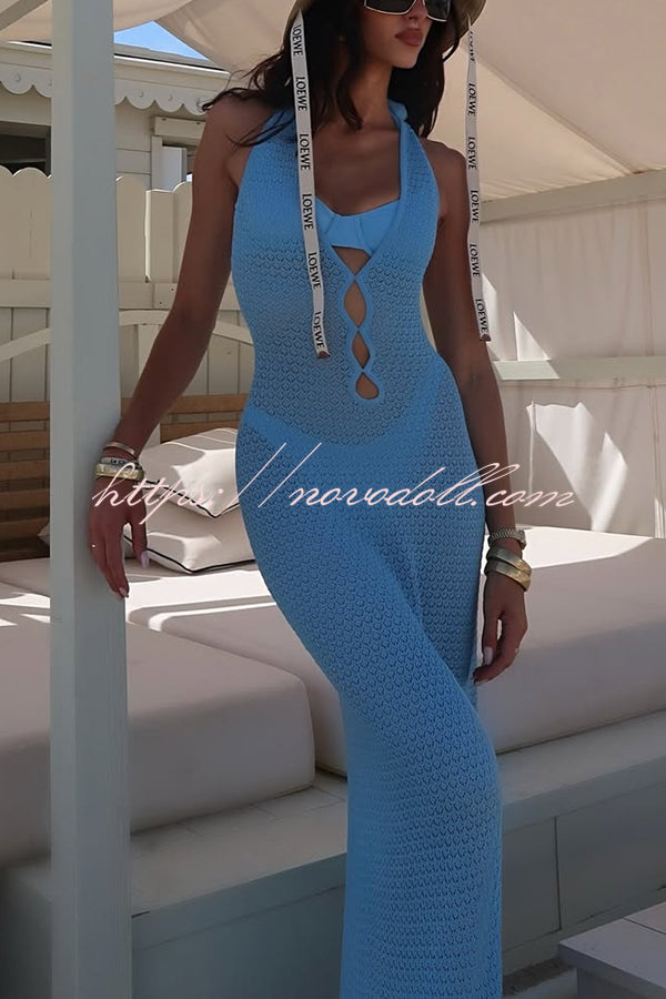 Sun Kissed Knit Cutout Backless Tie-up Slit Vacation Maxi Dress