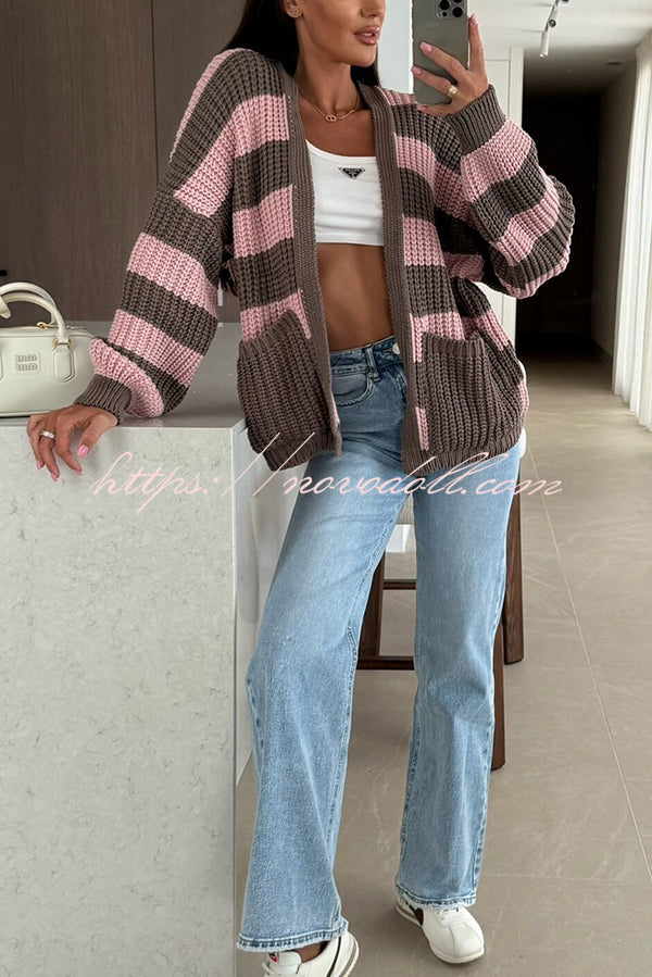 Fashionable Patchwork Striped Casual Pocket Knitted Sweater