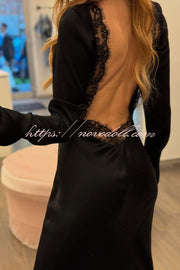 Mystic Moment Satin Lace Trim Long Sleeve Backless Maxi Dress