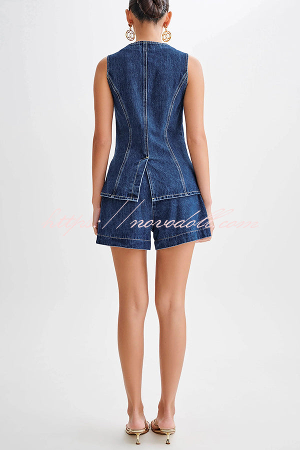 Abel Denim Button Up Princess Seams Pocket Vest Top