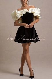 Brynne Satin Cloud Shape Puff Sleeve Velvet Stretch Mini Dress