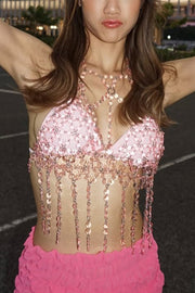 Pink Rhinestone Tassel Sexy Body Chain