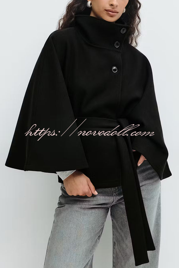Fashionable Stand Collar Button Waist Tie Loose Cape