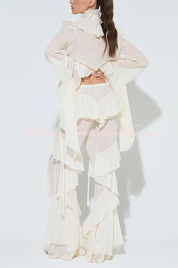 Fashionable Ruffled Elastic Waist Holiday Style Flared Pants