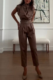 Statement Breast Pocket High Neck Top and Side Pocket Belt Long Pant Set