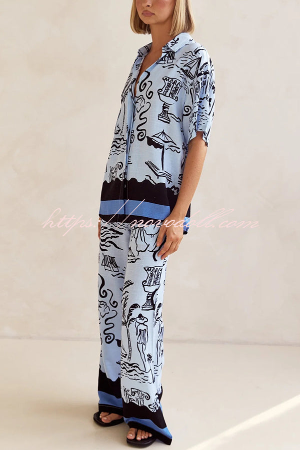 Fashionable Plant Print Loose Lapel Short Sleeve Shirt and Casual Elastic Waist Pocket Pants Set