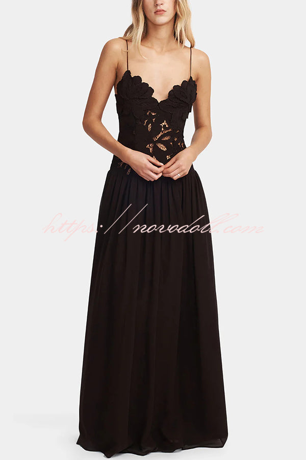 Stephanie Flower Crochet Lace Bust Chiffon Fluffy Hem Maxi Dress
