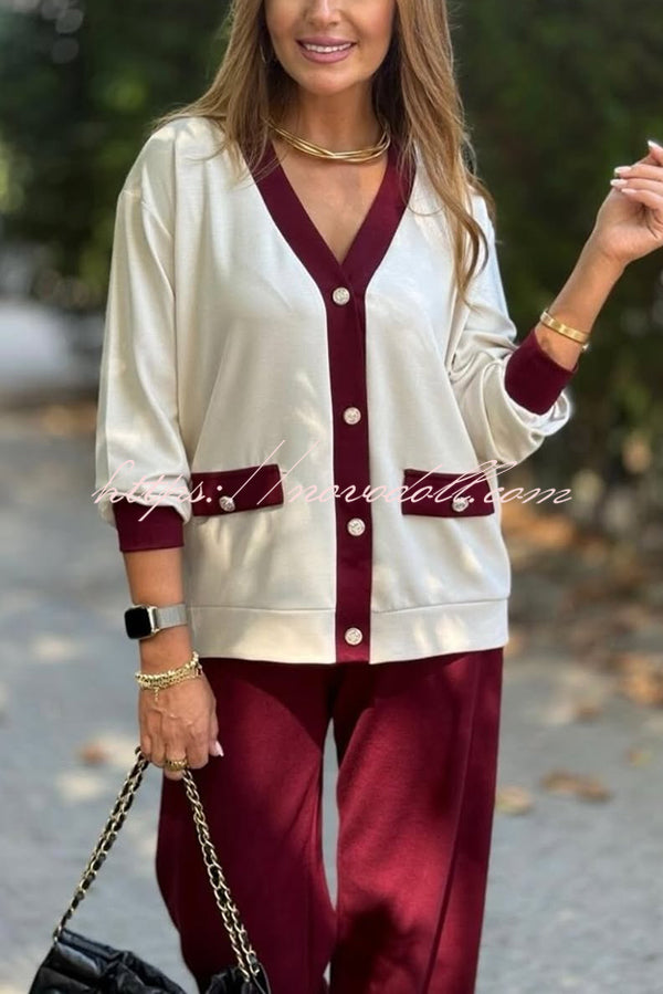 Stylish Color-blocked V-neck Knitted Button-down Cardigan and Elastic Waist Casual Wide-leg Pants Set