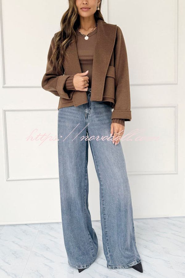 Comfortable Season Shawl Collar Open-front Long Sleeve Flap Pockets Crop Coat