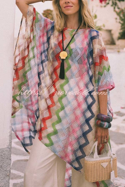 Sun Washed Knit Colorful Zigzag Pattern Asymmetric Hem Loose Cover-ups Kaftan