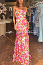 Floral Print Elegant Strapless Fitted Slit Maxi Dress