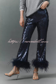 New Year Eve Sequin Feather Trim High Rise Back Zipper Flare Pants