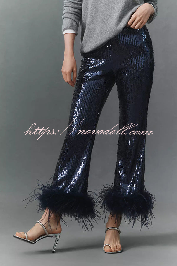 New Year Eve Sequin Feather Trim High Rise Back Zipper Flare Pants