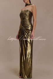 Clemence Plisse Metallic Fabric Reverse Halter Beck Strap Drape Slit Maxi Dress