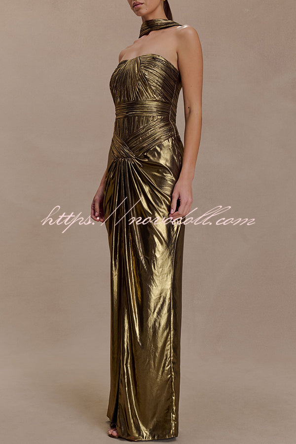Clemence Plisse Metallic Fabric Reverse Halter Beck Strap Drape Slit Maxi Dress
