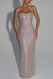 Mirabella Sequin Pleated Cowl Scooped Neckline Back Lace-up Strapless Maxi Dress