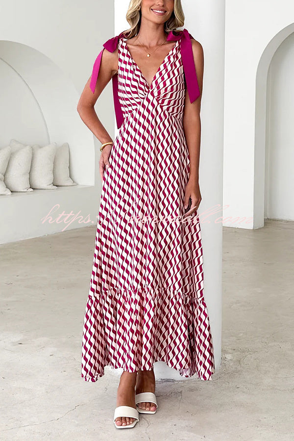 Unique Printed V-neck Sleeveless Lace-up Waist Maxi Dress