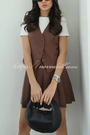 Solid Color Sleeveless Buttoned Vest and High-waisted Pleated Mini Skirt Set