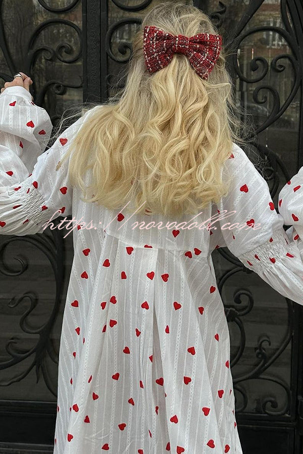 Cute Heart Print Puff Sleeve Loose Shirt Style Maxi Dress