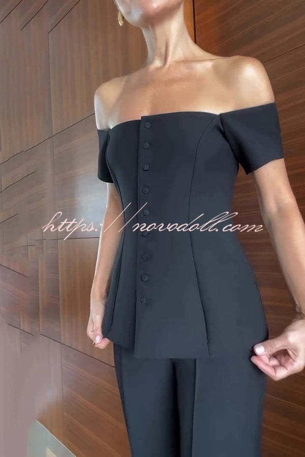 Solid Color Off-the-shoulder Single-breasted Top and Casual Pocket Straight-leg Pants Set