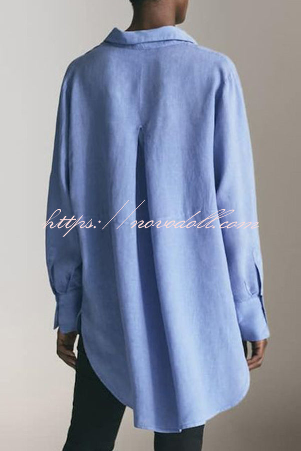 Reality Calling Linen Blend Solid Button Long Sleeve Loose Blouse