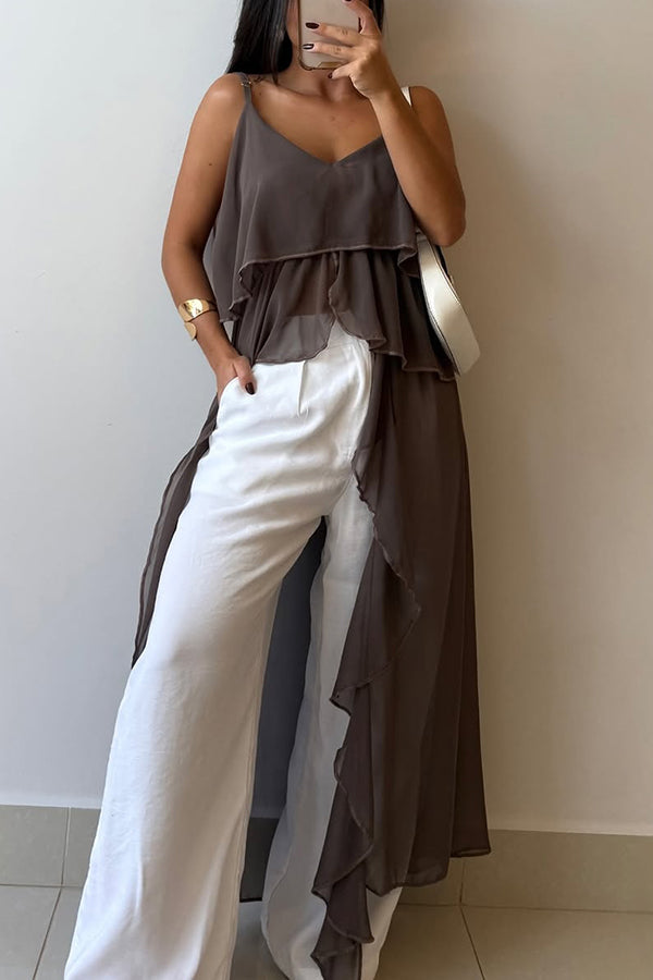 Solid Color V-neck Ruffled Irregular Loose Top
