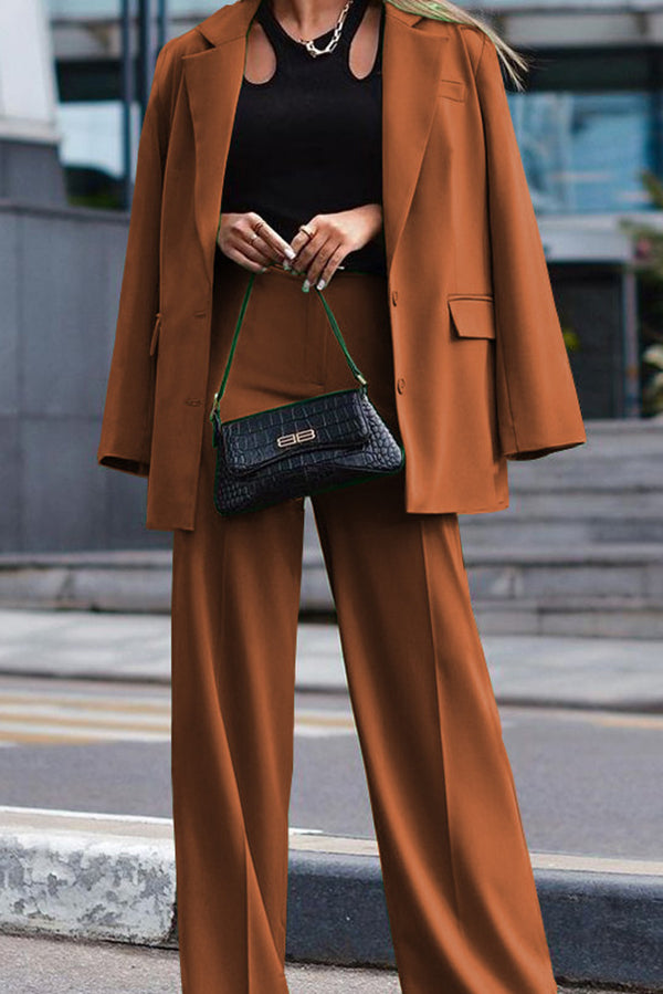 Solid Color Lapel Long Sleeve Loose Blazer and Casual Pocket Straight Pants Set