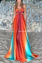 Neon Sunset Printed Metal Decoration Cutout Back Tie-up Vacation Maxi Dress