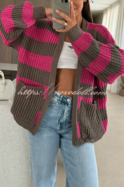 Fashionable Patchwork Striped Casual Pocket Knitted Sweater