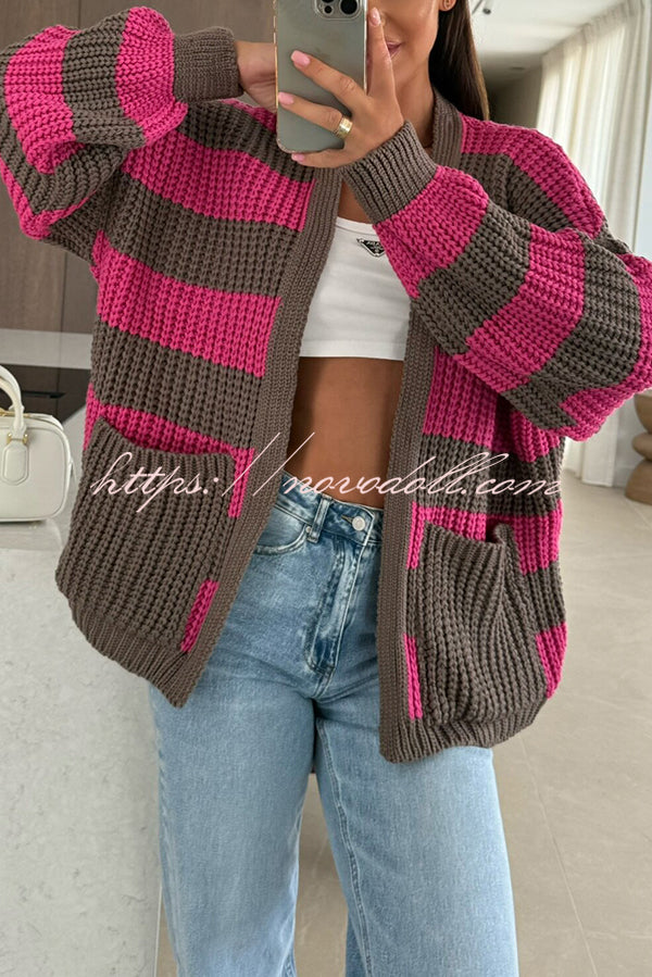 Fashionable Patchwork Striped Casual Pocket Knitted Sweater