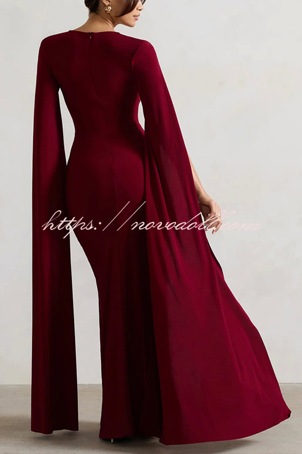 Elegant Goddess Square Neck Twisted Cape Sleeve Slit Maxi Dress