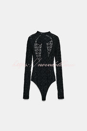 Anna Semi-sheer Lace Long Sleeve Back Bow Tie-up Cutout Stretch Bodysuit