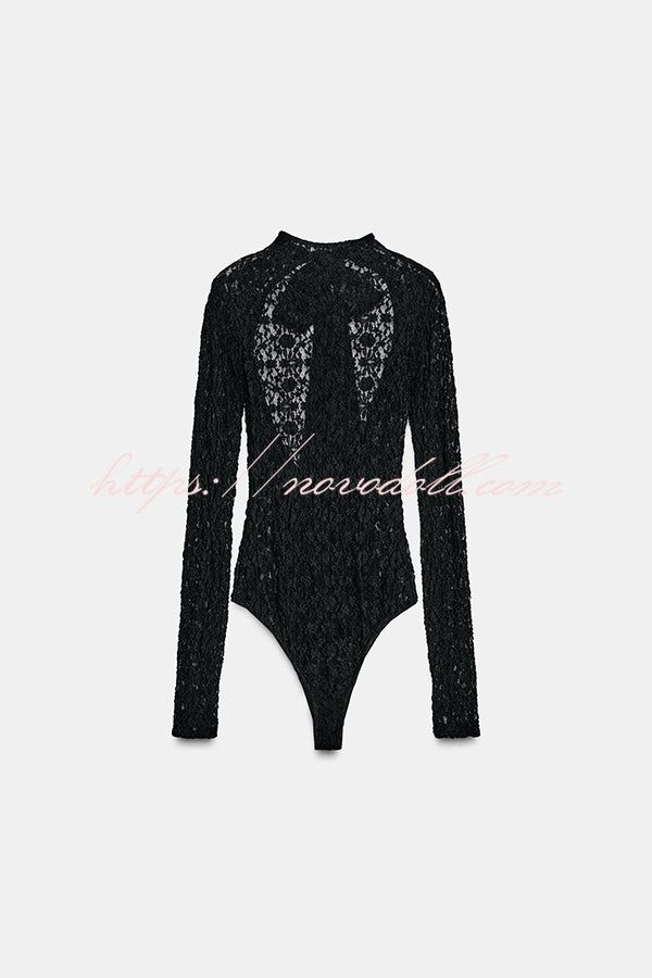 Anna Semi-sheer Lace Long Sleeve Back Bow Tie-up Cutout Stretch Bodysuit