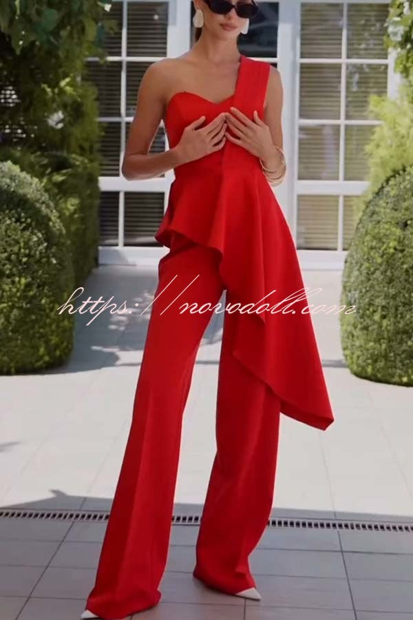 Amena One Shoulder Sweetheart Neck Ruffle Hem Top and Elastic Waist Pocket Wide Leg Pants Set