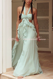 Gorgeous Vacation Halter Rose Detail Cut Out Ruffles Backless Maxi Dress